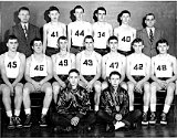 Circa 1949/1950.  Front, l-r: 45-Bob Feller, 46-John Winzenreid, 49-Harvey Elmer, 43-Gordon (Bud) Schultz, 47-Don Babler, 42-Walt Leuthy, 48-Dick Hefty.  Rear, l-r: Asst. Coach Urho (Whitey) Hill, 41-Bob Zweifel, 44-George Taylor, 34-Royal (Barney) Karlen, 40-Mike Zimmerman(?), Coach Ponyicsanyi.  The ballboys are Ralph Schuler and Dick Moritz.